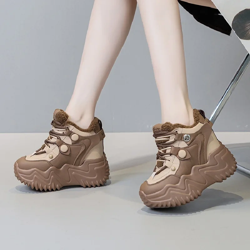 Winter New Internal Celebrity Slim Height Increasing Platform Plush Inside Cross-tied Genuine Leather Women Casual Shoes 2312