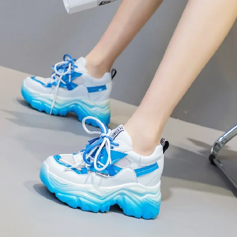 Summer New Slim Height Increasing Wedges Platform Cross-tied Cutout Mesh Genuine Leather Women Pumps Ladies Sneakers 2205
