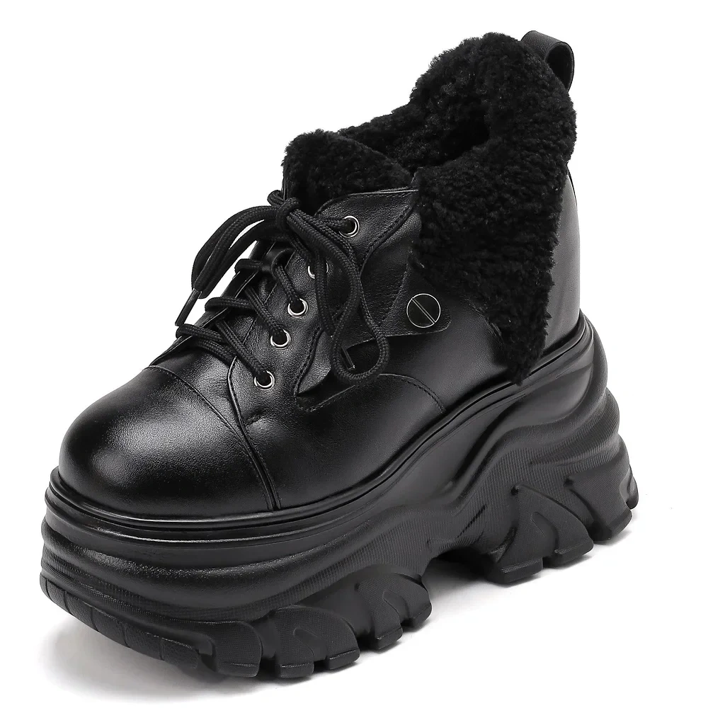 Winter New Korean Style Slim Height Increasing Platform Crystal Plush Inside Lace-Up Genuine Leather Women Casual Shoes Sneakers