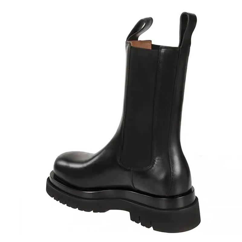 Spring Autumn New British Style Retro Chunky Bottom Platform Stretch Fabric Genuine Leather Men Mid-Calf Half Chelsea Boots 2310