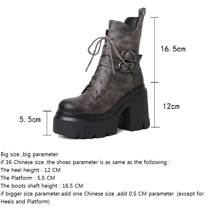 Spring Autumn Winter New Retro 12CM High Heels Platform Cross-tied Belt Buckle Genuine Leather Women Ankle Short Modern Boots