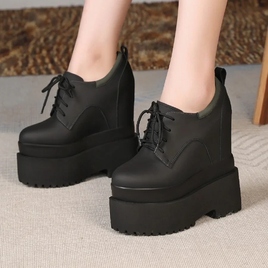 Spring Autumn New Leisure Height Increasing 16 CM High Heels Platform Size 34-39 Cross-tied Genuine Leather Women Modern Pumps