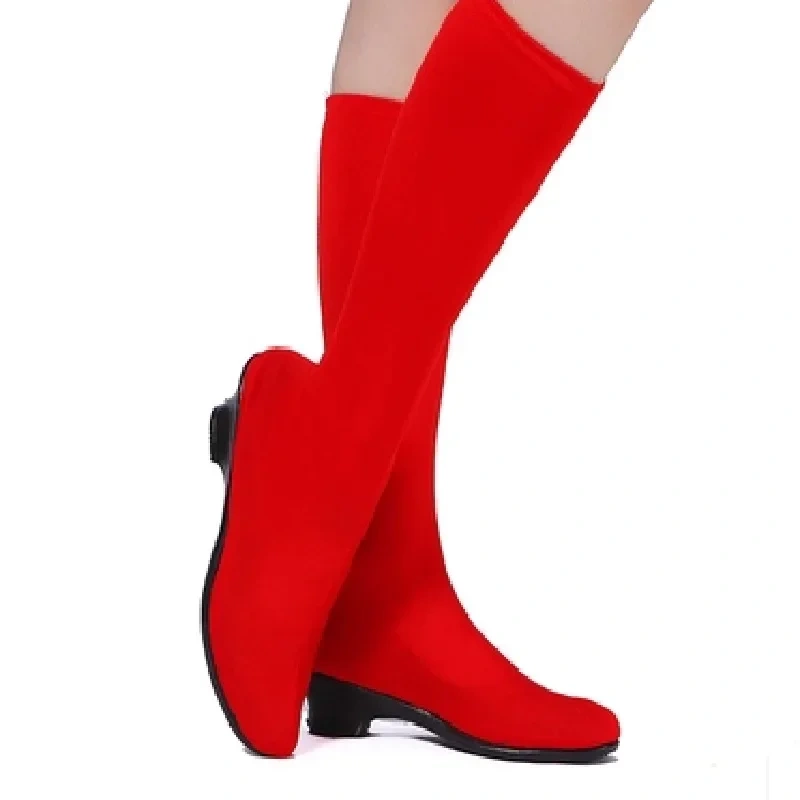 Women Popular Minority Dance Show Shoes Slip-On Cotton Fabric Vamp Mid-Calf Height Med Square Heels Performance Boots 0506
