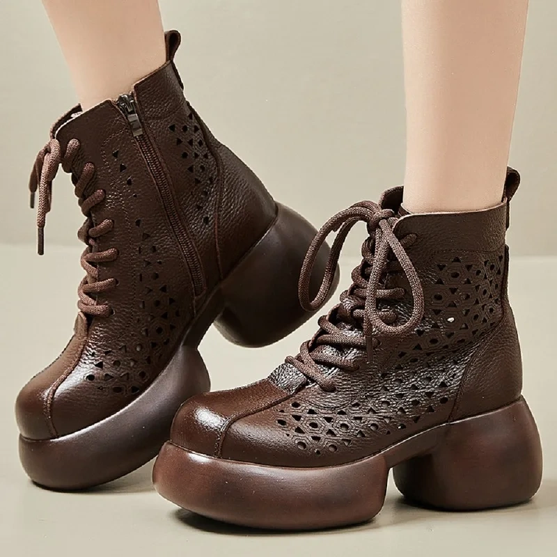 Summer Retro 7 CM Thick High Heels Platform Hollow Breathable Cross-tied Genuine Leather Women Ankle Short Casual Boots 50113