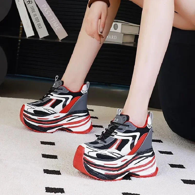 13 CM High Heels Spring Autumn New Slim Height Increasing Platform Lace-Up Genuine Leather Women Casual Shoes Ladies Sneakers