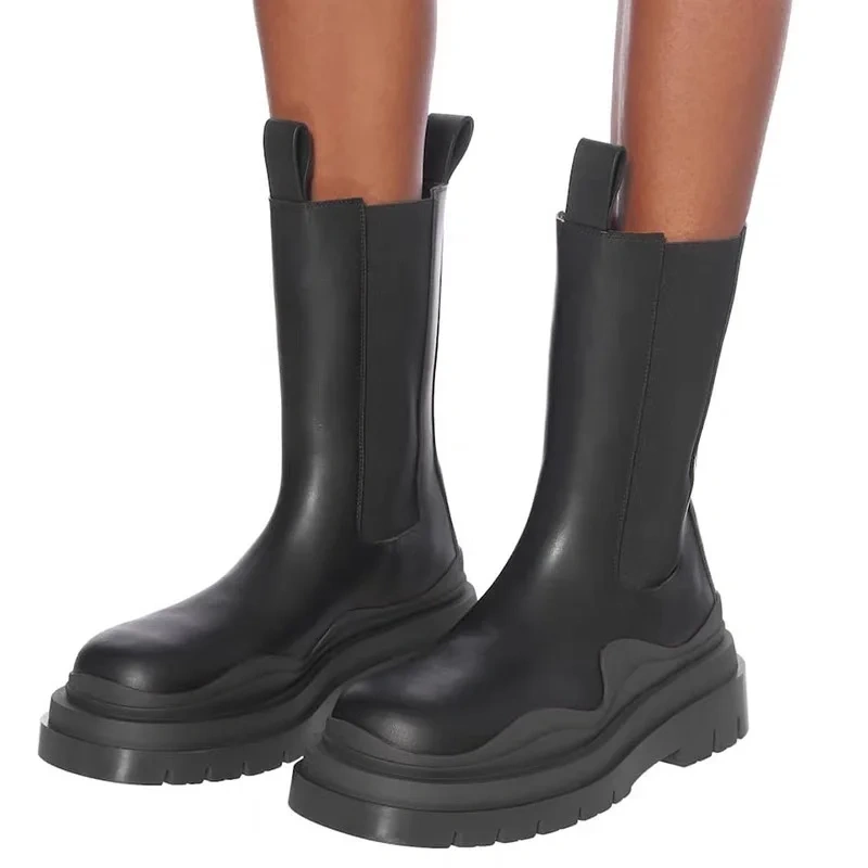 Spring Autumn New British Style Chunky Bottom Platform Slip-On Genuine Leather Men Mid-Calf Half Chelsea Boots Winter Plush 2306