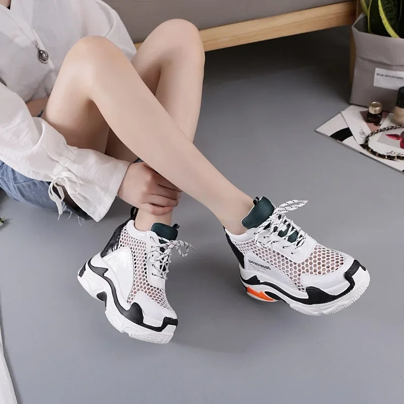 Summer New Korean Style Slim Height Increasing Platform Hollow Mesh Genuine Leather Lace-Up Women Casual Shoes Ladies Sandals