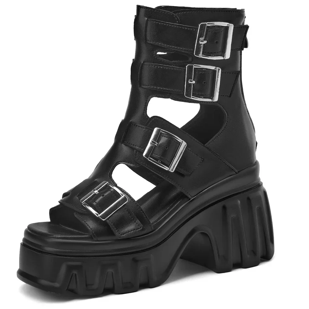 Summer New British Style Retro Super High Heels Platform Hollow Peep Toe Buckle Genuine Leather Zipper Women High Top Rome Boots