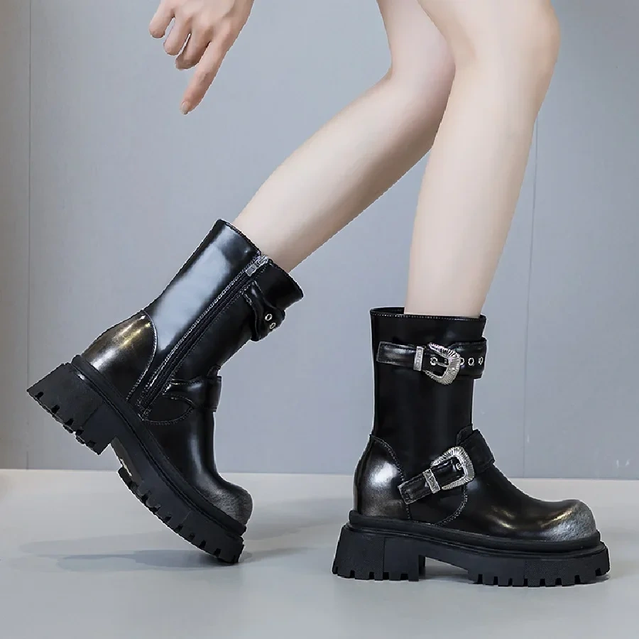 Spring Autumn New Punk Style Slim Height Increasing Platform Belt Buckle Genuine Leather Zipper Women Mid-Calf Motorcycle Boots