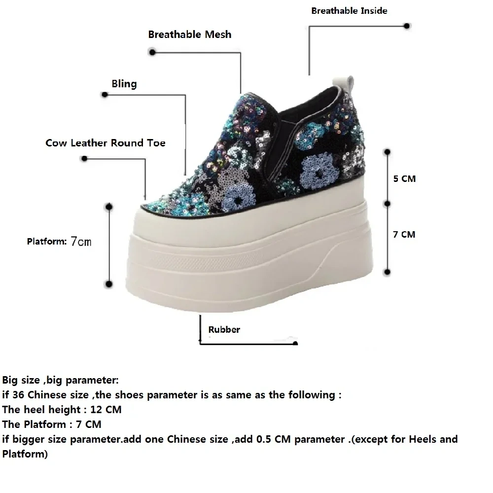 Spring Autumn New Korean Style Slim Height Increasing Platform Bling Flowers Slip-On Sequined Cloth Women Casual Shoes Sneakers