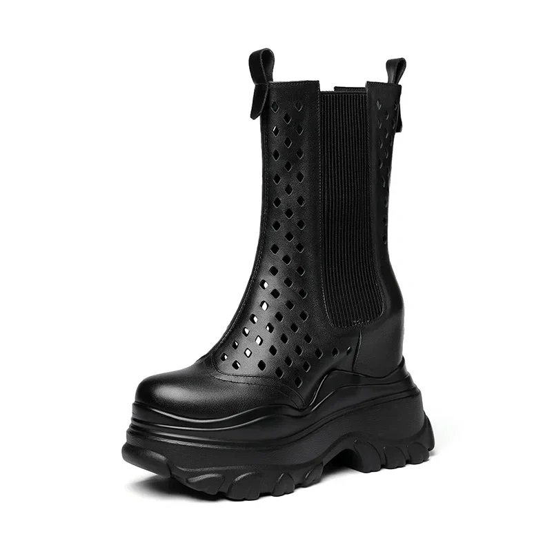 Summer New British Style Slim Height Increasing Platform Wedges Hollow Genuine Leather Slip-On Women Mid-Calf Chelsea Boots 412