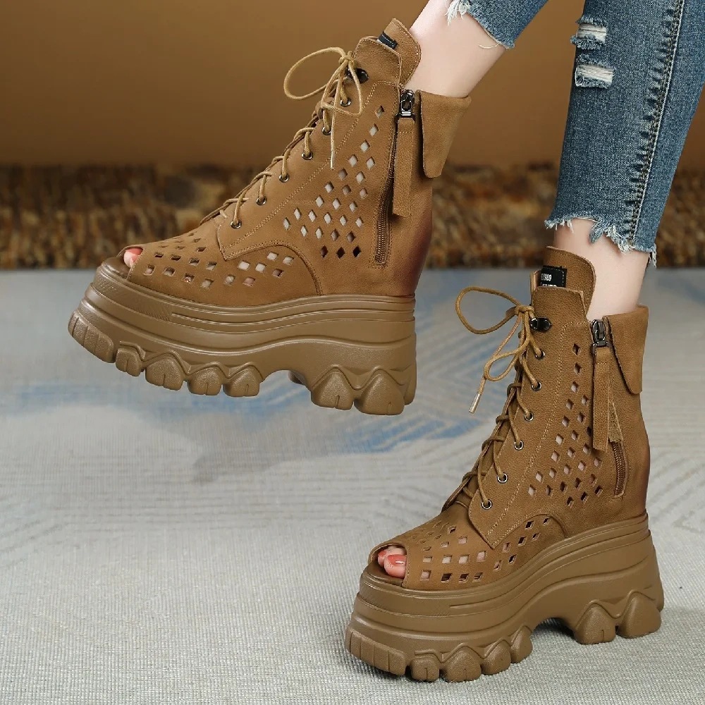 Summer New British Style Retro Height Increasing Platform Peep Toe Hollow Genuine Leather Zipper Women Mid-Calf Gladiator Boots