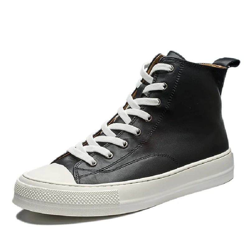 Spring Autumn New Korean Style Leisure Chunky Sole Cross-tied Full Grain Leather Men High Top Casual Shoea Male Sneakers 2411