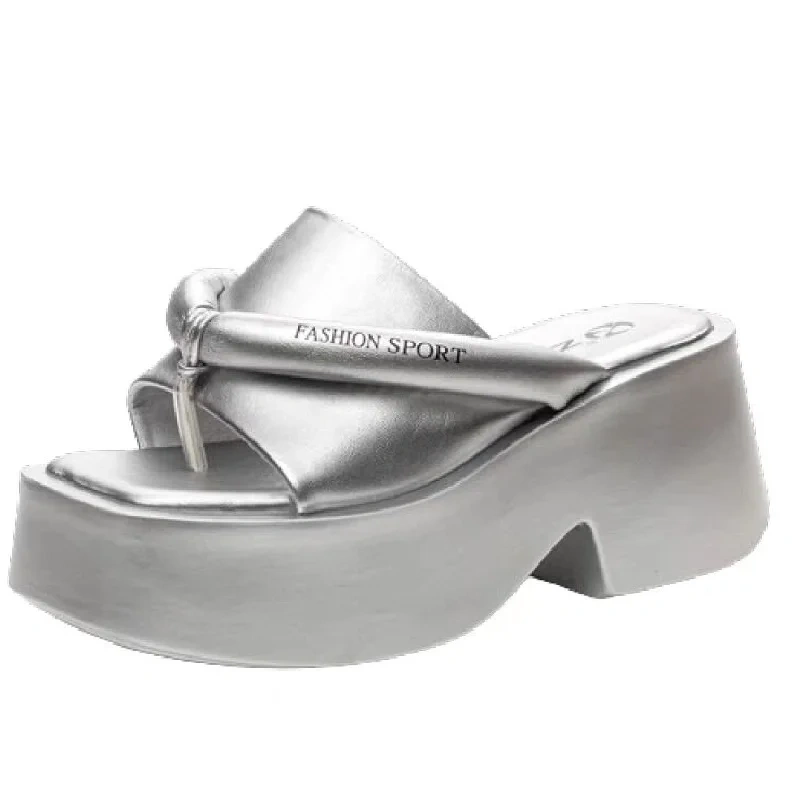 Summer New Korean Style Outside Slim 8 CM High Heels Platform Peep Toe Wedges Narrow Band Genuine Leather Women Modern Slippers