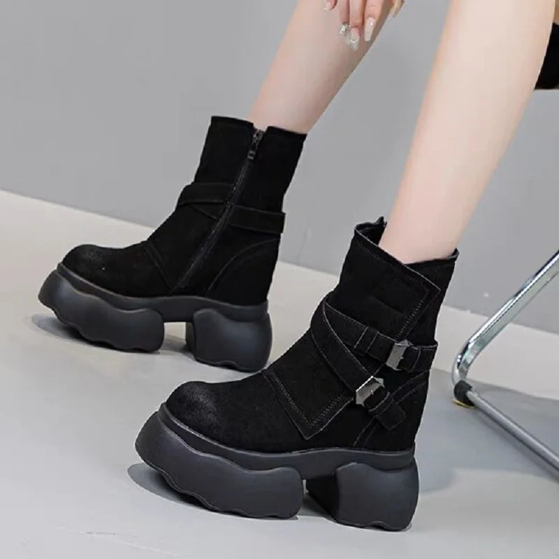 Spring Autumn New British Style Retro Height Internal Platform Belt Buckle Genuine Leather Women Ankle Short Equestrian Boots