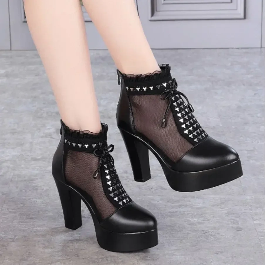 Summer New Fashion Thick High Heels Platform Bowknot Bling Crystal Cut Out Mesh Genuine Leather Women Ankle Short Modern Boots