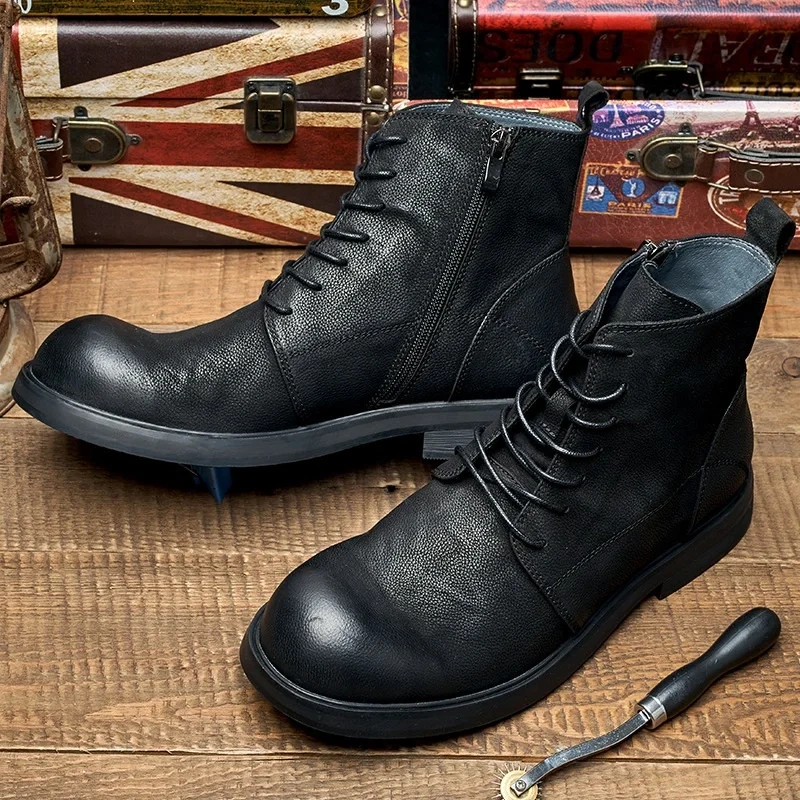 British Style New Retro Leisure Chunky Bottom Sewing Cross-tied Full Grain Leather Men Ankle High Top Motorcycle Boots 2308