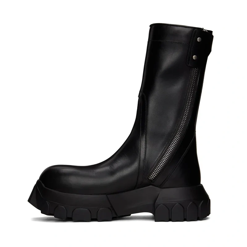 Spring Autumn New British Style Leisure Chunky Bottom Platform Metal Buckle Genuine Leather Men Mid-Calf Half Motorcycle Boots