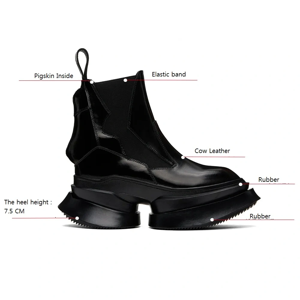 Spring Autumn New Punk Style Chunky Sole Platform Strange Heels Genuine Leather Slip-On Men High Top Chelsea Boots 2411