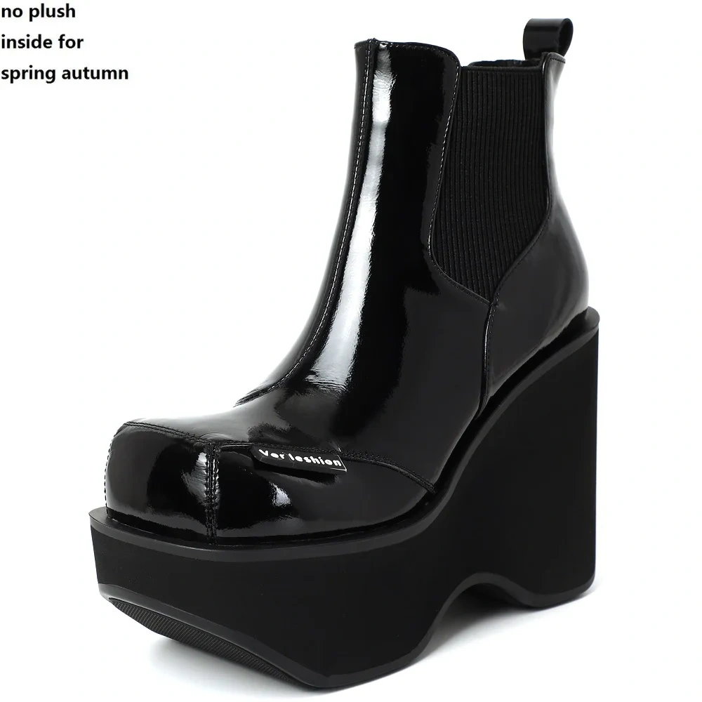 Spring Autumn Winter New British Style Slim 12CM High Heels Wedges Platform Slip-On Cow Leather Women Ankle Short Chelsea Boots
