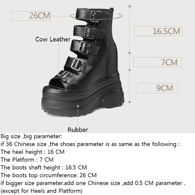 Summer New Korean Fashion Style Height Increasing Peep Toe Platform Belt Buckle Hollow Genuine Leather Women High Top Rome Boots