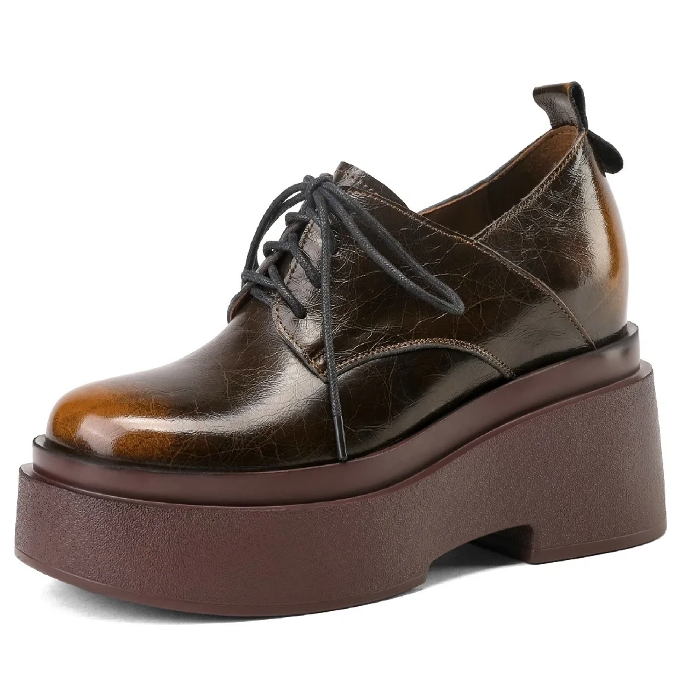 Spring Autumn New British Style Height Increasing Platform Cross-tied Mixed Colors Genuine Leather Women Business Pumps 2401