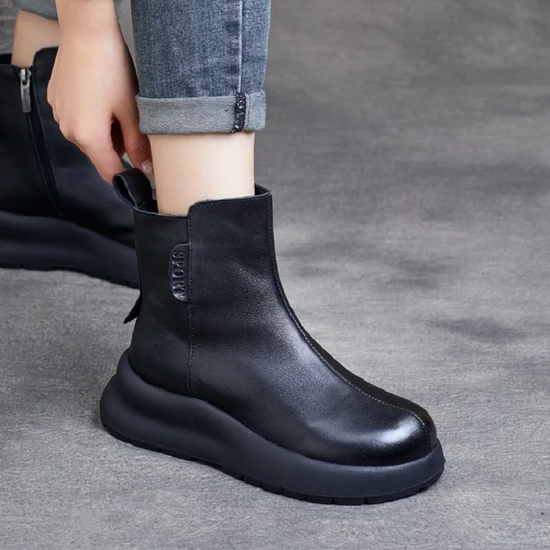 Spring Autumn Winter New British Style Retro Chunky Sole Platform Genuine Leather Zipper Women High Top Motorcycle Boots 2411