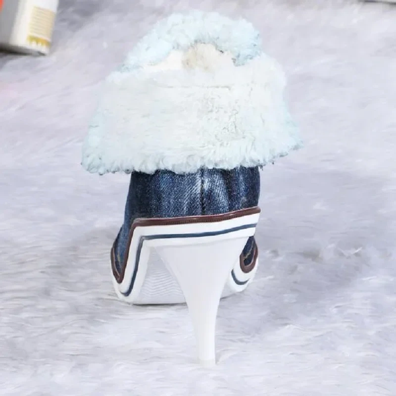 Winter Pointed Toe Lace-up Women Denim Ankle Boots Thick Warm Lady High Heels Short Boots Plus Size 41 42 Big Size Jean Shoes