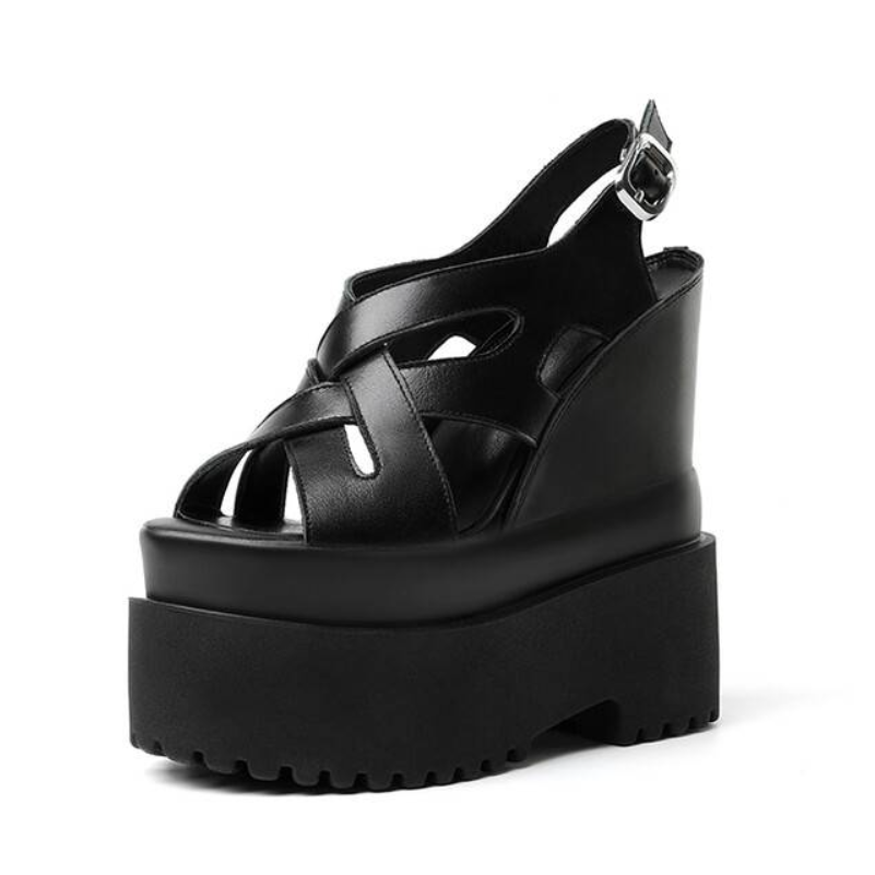 Summer New Retro 16 CM Super High Wedges Heels Platform Peep Toe Cut Out Cross-tied Buckle Strap Genuine Leather Women Gladiator Sandals 60123