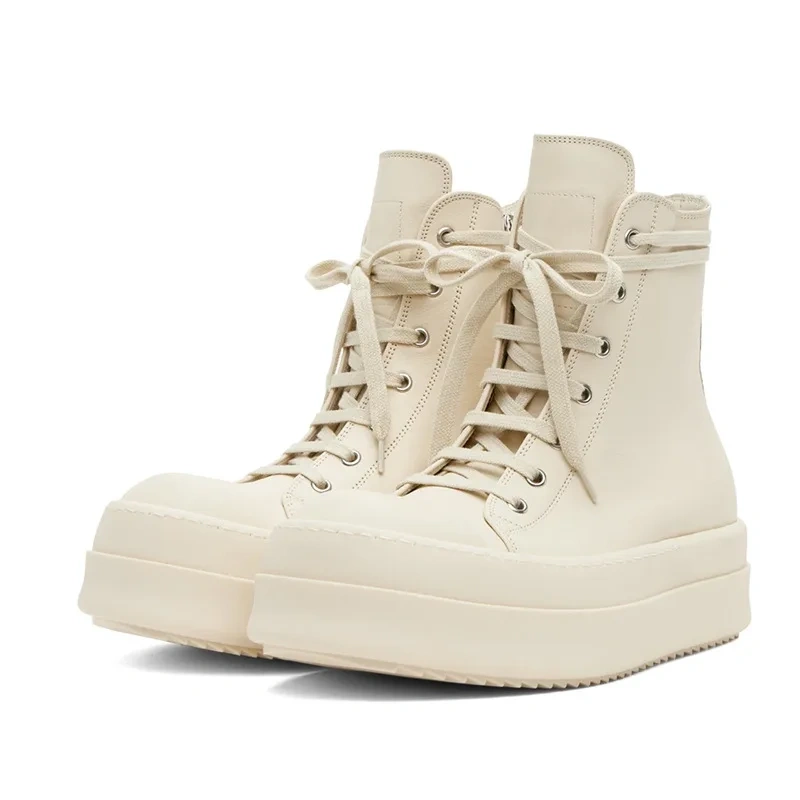 Spring Autumn New Leisure Chunky Sole Cross-tied Zipper Genuine Leather Men Casual Sneakers Male High Top Board Shoes 2410