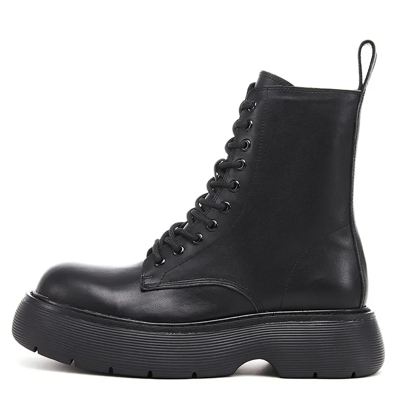 Spring Autumn British Style Chunky Bottom Platform Sewing Cross-tied Genuine Leather Men Mid-Calf High Top Motorcycle Boots 2307