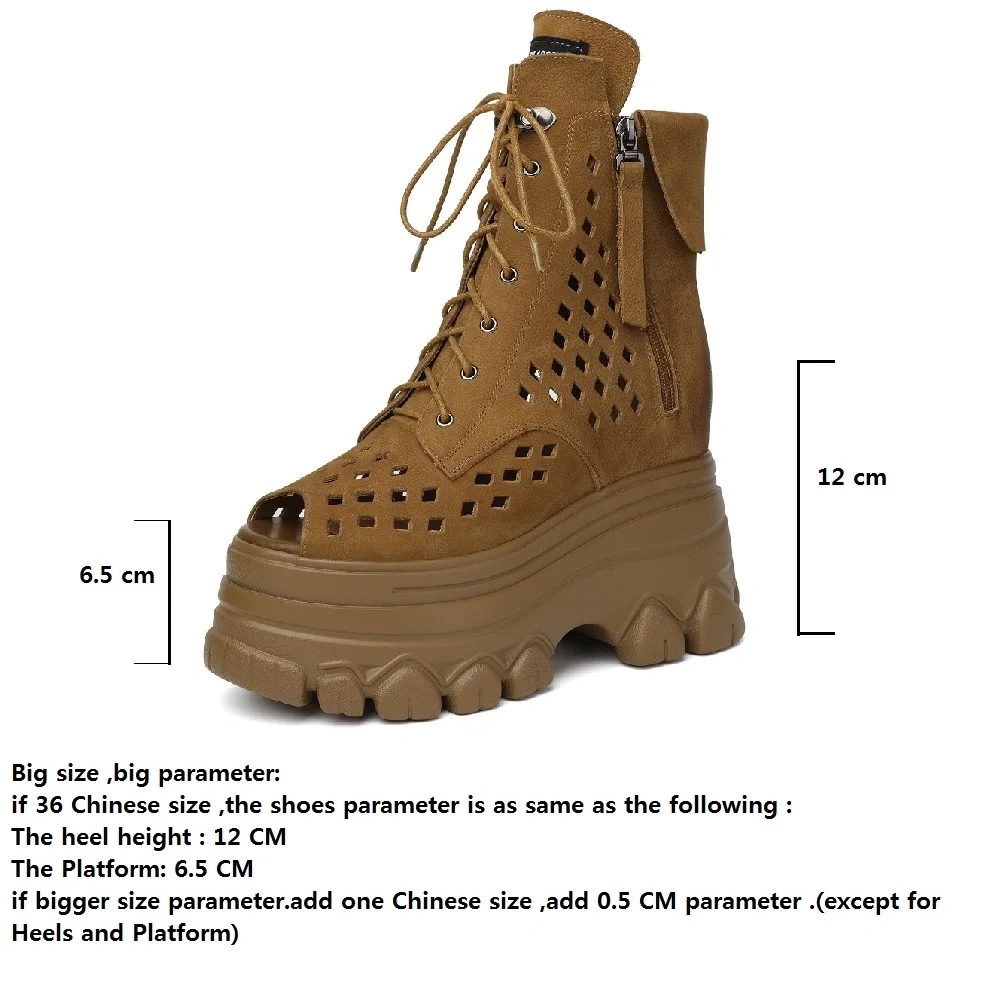Summer New British Style Retro Height Increasing Platform Peep Toe Hollow Genuine Leather Zipper Women Mid-Calf Gladiator Boots