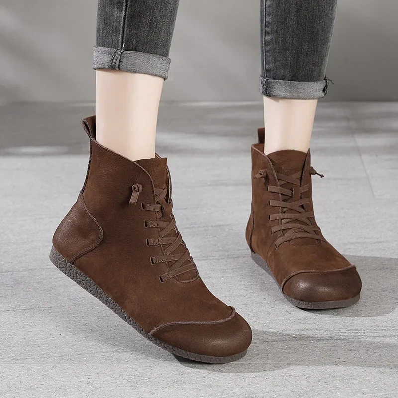 Spring Autumn New Retro Flat Bottom Sewing Cross-tied Patchwork Genuine Leather Women Ankle Short Work Safety Boots Winter Plush