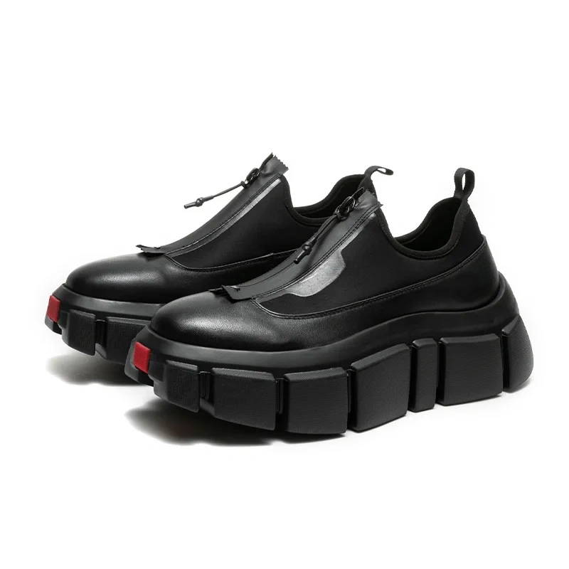 Spring Autumn New British Style Retro Chunky Bottom Platform Stretch Fabric Genuine Leather Men Sneakers Male Motorcycle Shoes
