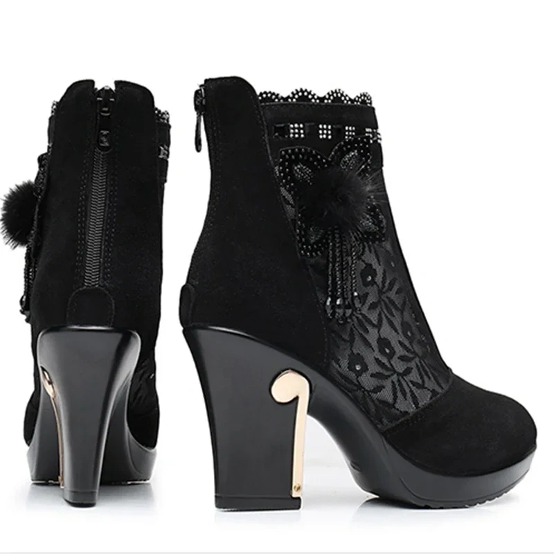 Summer New Fashion Thick Heels Cut-outs Embroidery Flowers Crystal Breathable Mesh Genuine Leather Women High-top Boots 0504