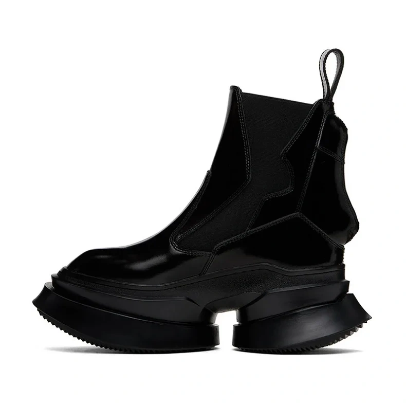 Spring Autumn New Punk Style Chunky Sole Platform Strange Heels Genuine Leather Slip-On Men High Top Chelsea Boots 2411