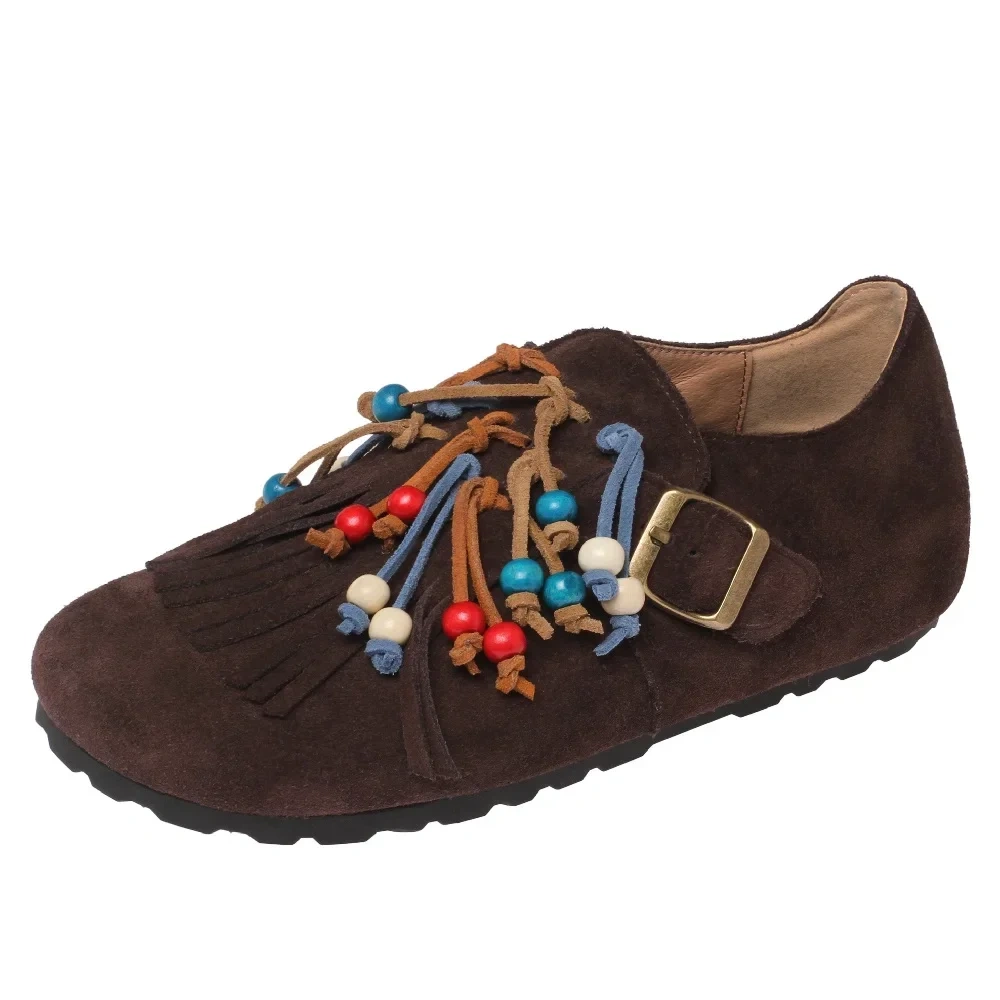 Spring Autumn New Retro Leisure Flat Sole String Bead Fringe Belt Buckle Slip-On Genuine Leather Women Casual Shoes 2411
