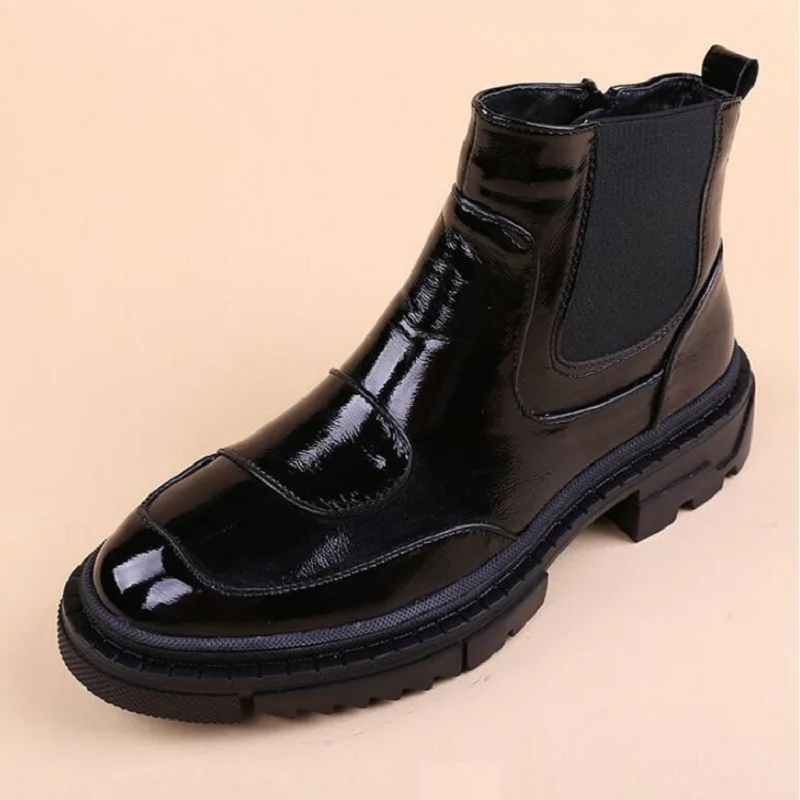 Spring Autumn New British Style Retro Chunky Bottom Platform Patent Leather Side Zipper Men Ankle Short Chelsea Boots Winter Plush 60123