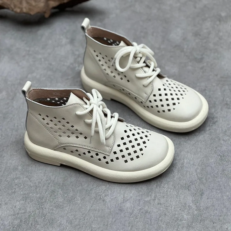 Summer New Arrival Fashion Chunky Bottom Hollow Cut Out Sewing Cross-tied Genuine Leather Women Ankle Short Modern Boots 2304