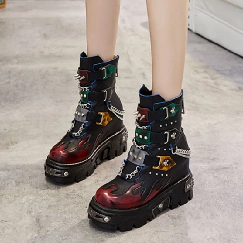 Spring Autumn Women Rivet Metal Chain Buckle Belt Short Equestrian Boots Winter Lady Plush Platform Ankle Chunky Boots 0915