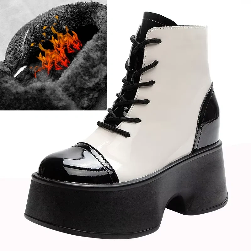 Spring Autumn Slim Height Increasing Platform Cross-tied Mixed Colors Patent Leather Women Ankle Short Modern Boots Winter Plush