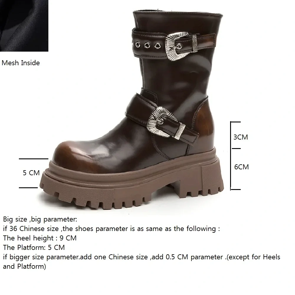 Spring Autumn New Punk Style Slim Height Increasing Platform Belt Buckle Genuine Leather Zipper Women Mid-Calf Motorcycle Boots