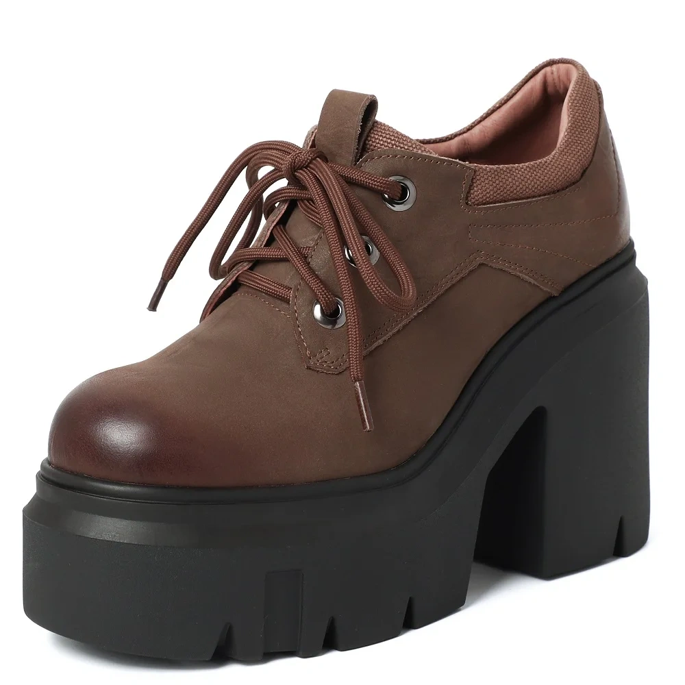 Spring Autumn New British Retro Style 12 CM Super High Heels Platform Sewing Lace-Up Genuine Leather Lace-Up Women Modern Pumps