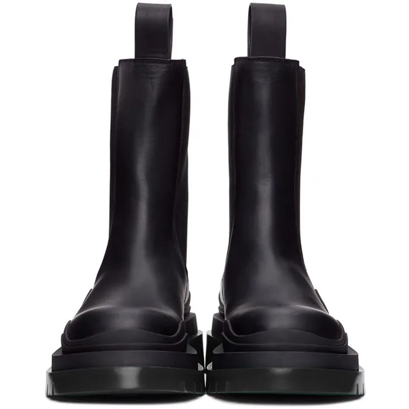Spring Autumn New British Style Chunky Bottom Platform Slip-On Genuine Leather Men Mid-Calf Half Chelsea Boots Winter Plush 2306