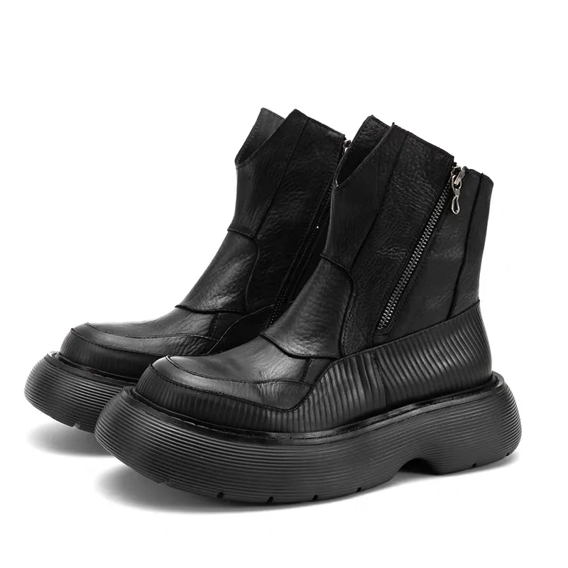 Spring Autumn New British Style Chunky Bottom Platform Sewing Genuine Leather Men High Top Short Motorcycle Boots Winter Plush