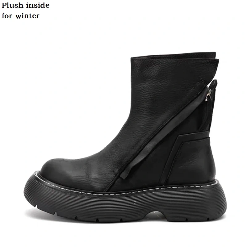 Spring Autumn British Style Chunky Bottom Platform Sewing Genuine Leather Men Mid-Calf Work Safety Boots Winter Plush Inside