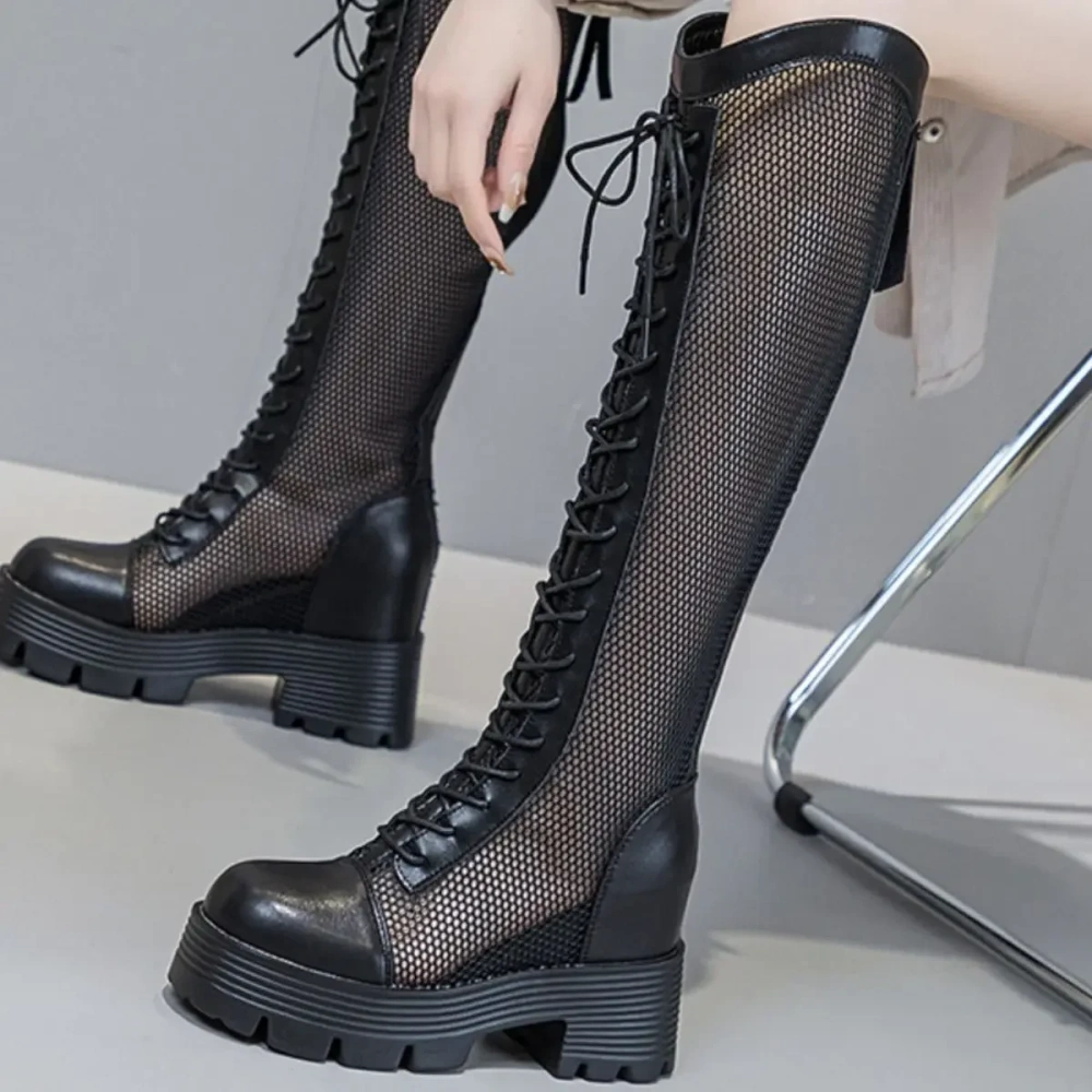 Summer New Fashion Slim Height Increasing Platform Cross-tied Hollow Mesh Genuine Leather Women Knee-High Long Modern Boots 2411