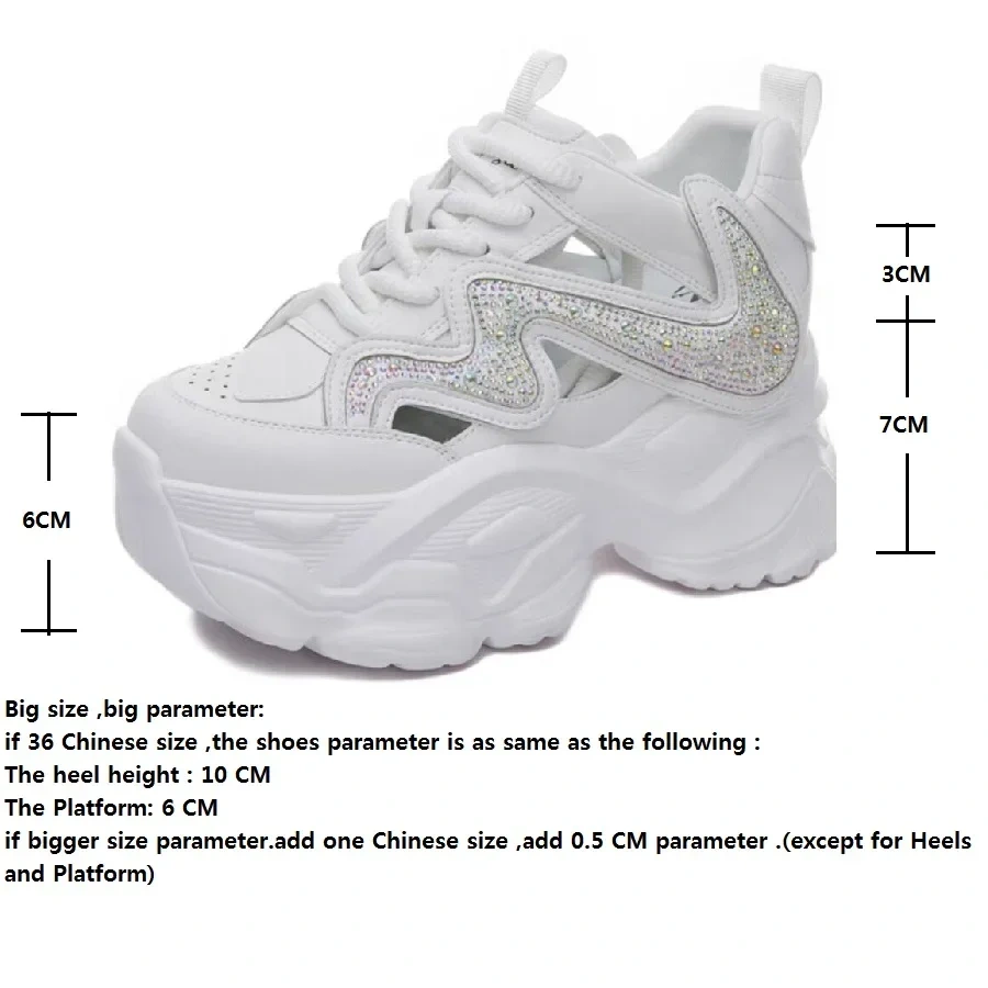 Summer New Korean Style Leisure Height Increasing Platform Crystal Cut Out Lace-Up Genuine Leather Women Casual Shoes Sneakers