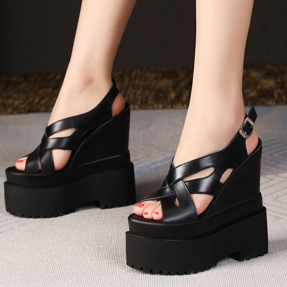 Summer New Retro Super High Wedges Heels Platform Peep Toe Cross-tied Buckle Strap Genuine Leather Women Gladiator Sandals 2305