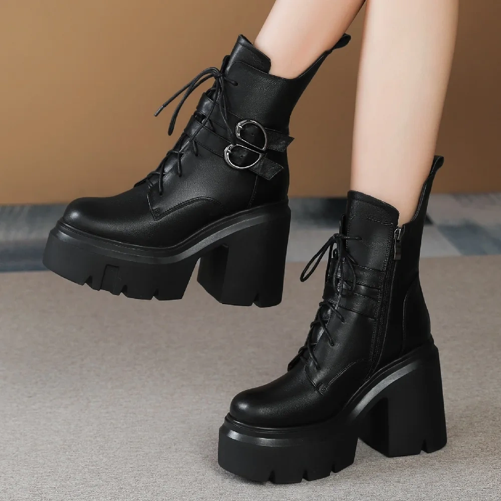 Spring Autumn Winter New Retro 12CM High Heels Platform Cross-tied Belt Buckle Genuine Leather Women Ankle Short Modern Boots